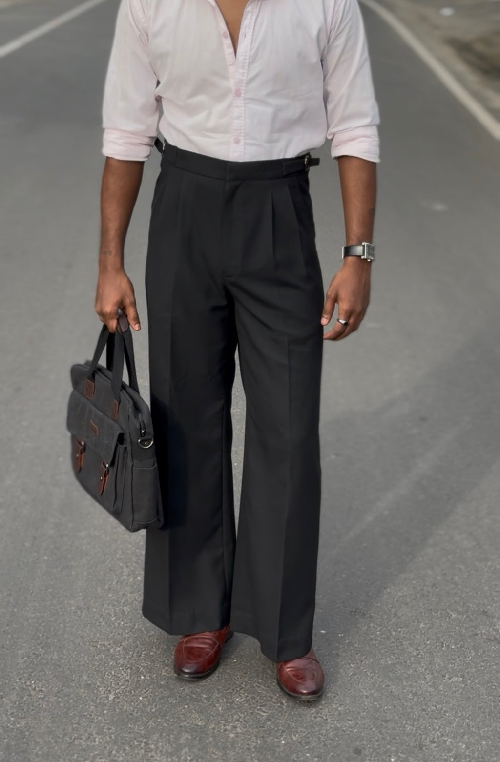 Black Flat Front Pleated Trousers