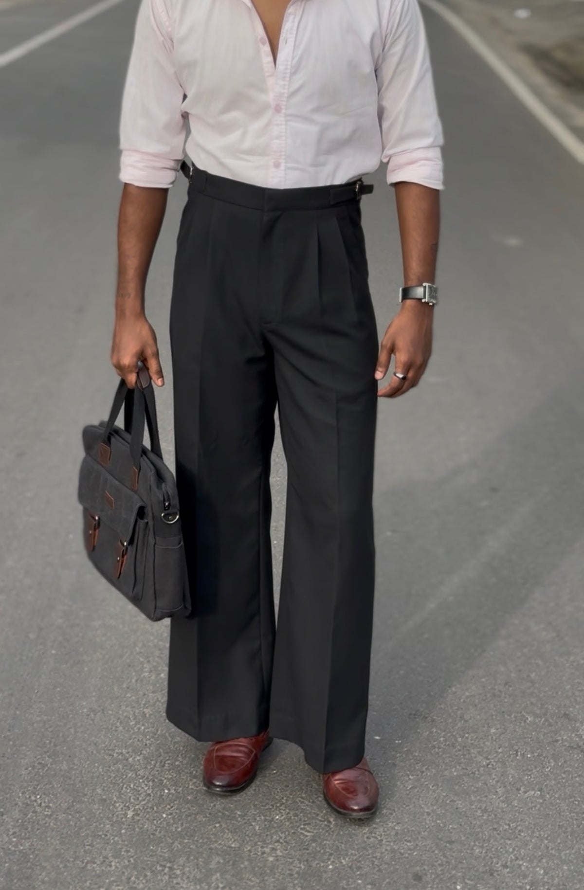 Black Flat Front Pleated Trousers