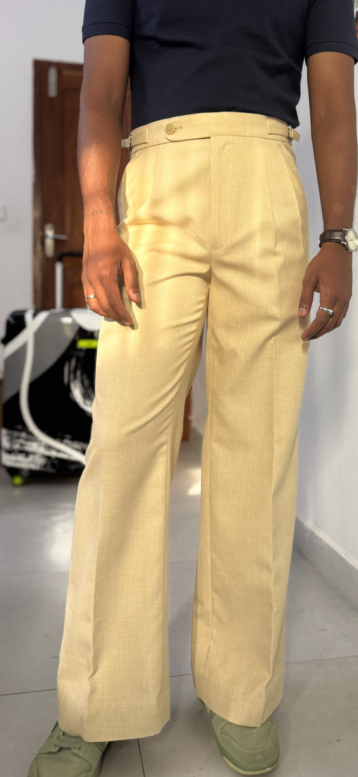 Beige Extended Waistband Pleated Trousers