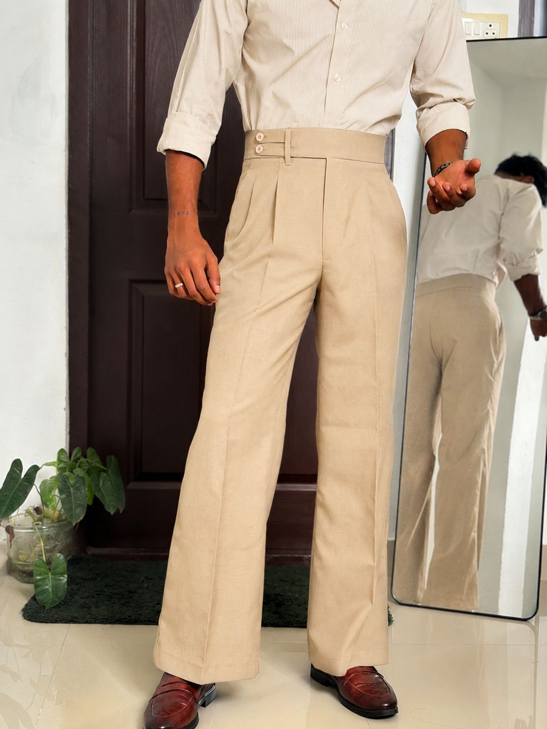 Beige Double pleat Formal Pants